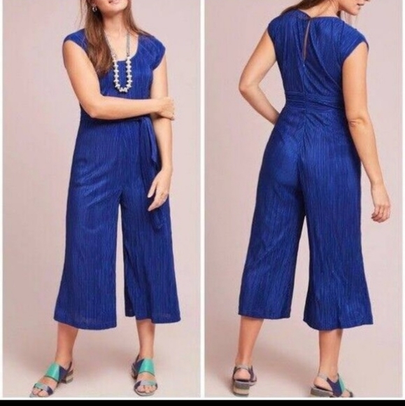 Maeve Anthropologie Blue Sleeveless Velvet Wide Leg Pleated Jumpsuit Pantsuit - Picture 3 of 9